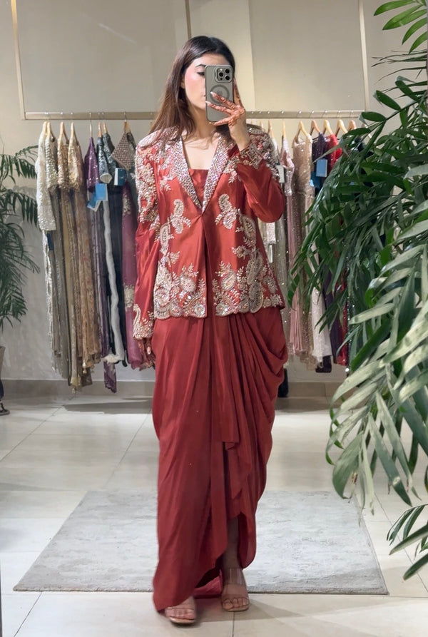 Rust Hand Embroidered Jacket with Draped Skirt
