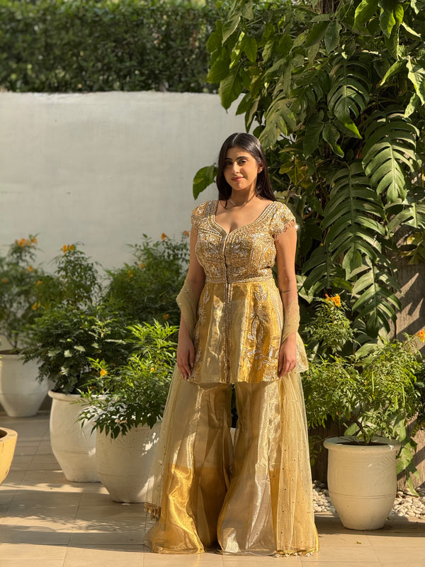 Gold Peplum Sharara Set