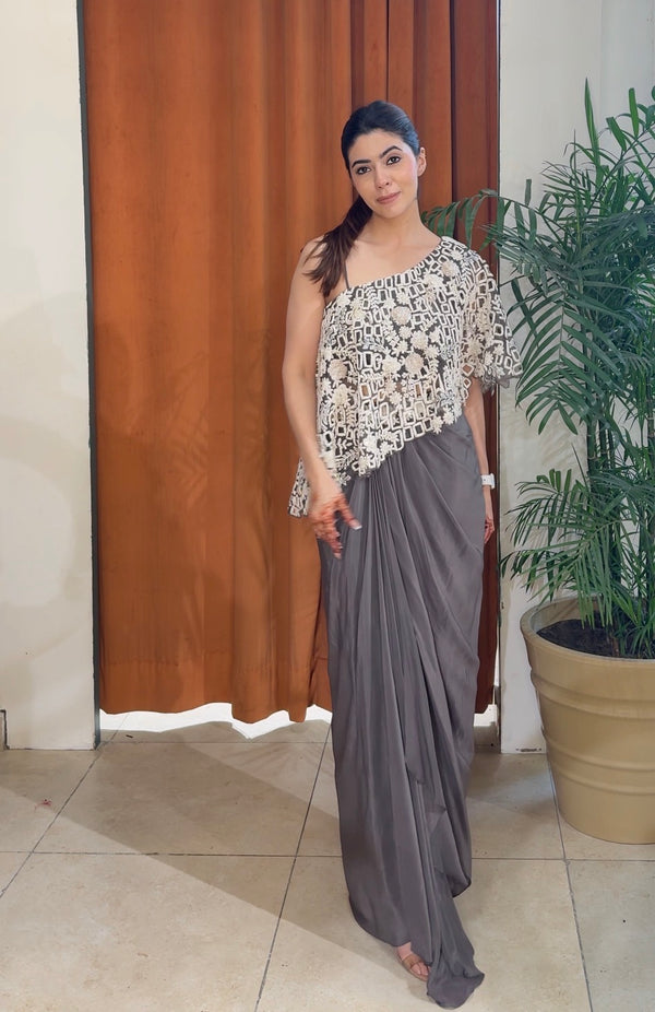 Hand Embroidered Cape with Drape Skirt