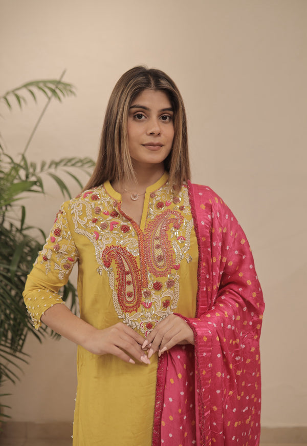Hand embroidered suit with bandhani duppata