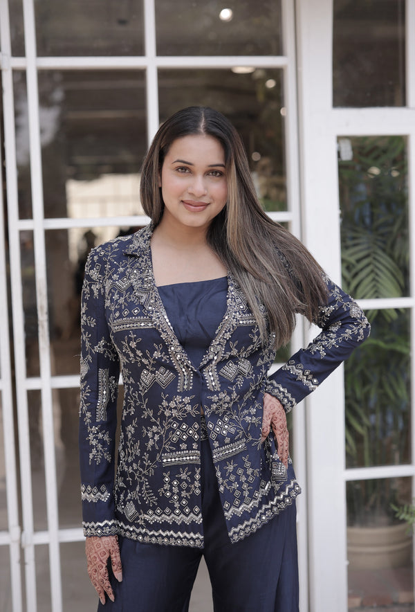 Hand embroidered jacket with ombre pants
