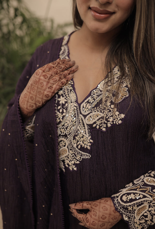 Wine Hand Embroidered Anarkali