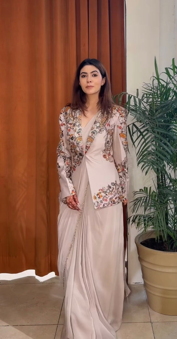 Elegant Drape Skirt with Embroidered Jacket
