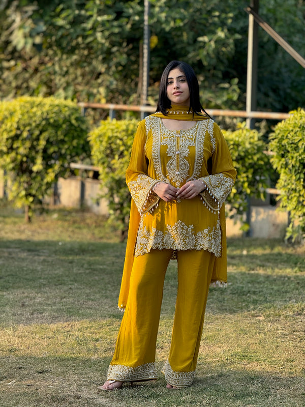 Embroidered Mustard Bell Sleeves Suit
