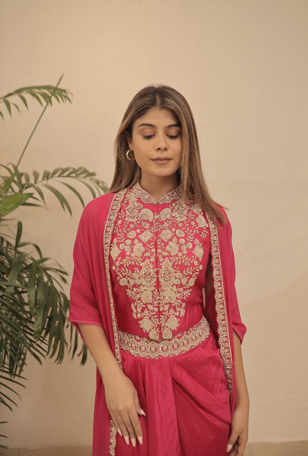 Hand embroidered cape with draped skirt