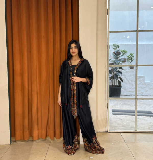 Embroidered Black Shrug with Wide Trousers