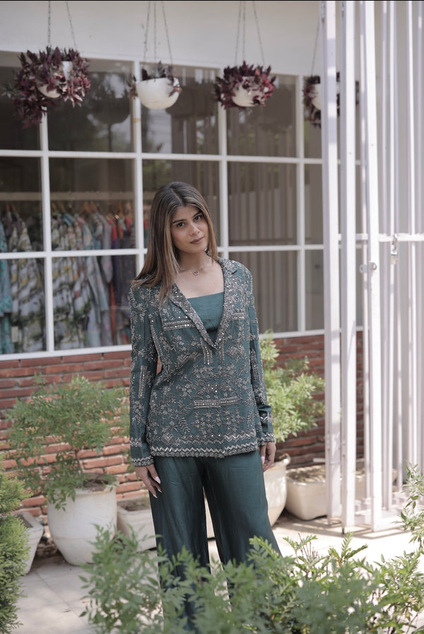 Hand embroidered cape with ombre pants