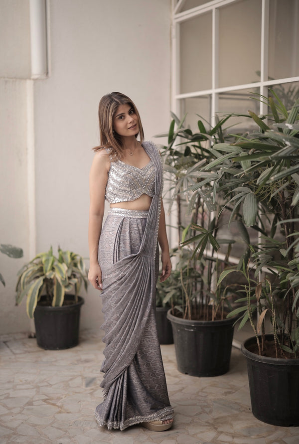 Printed saree with Hand embroidered blouse