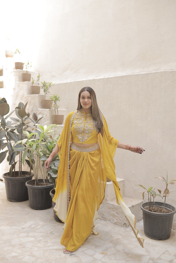 Hand embroidered cape set with draped skirt
