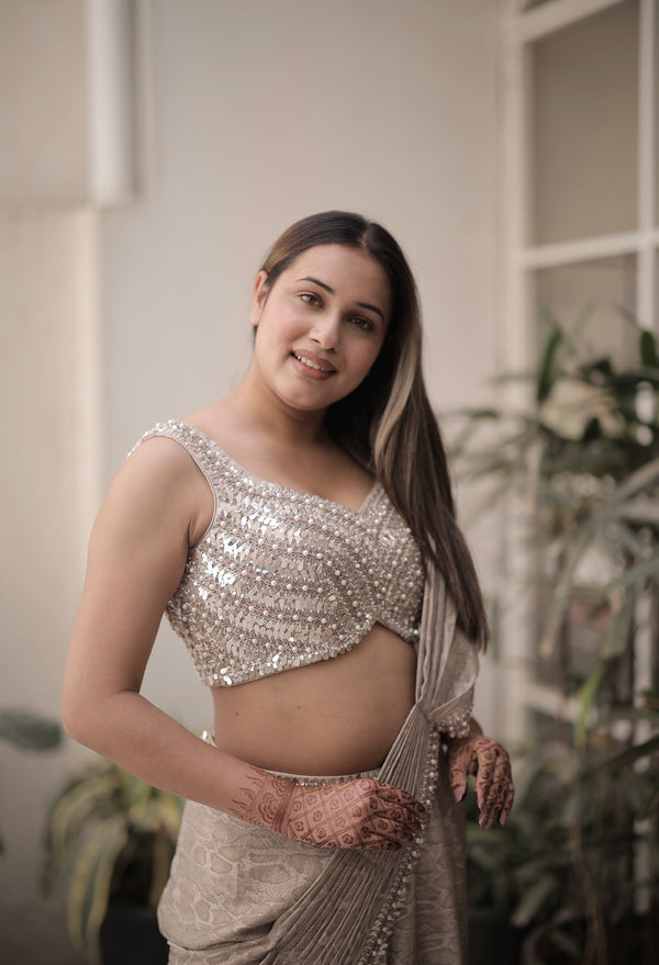 Printed saree with Hand embroidered blouse