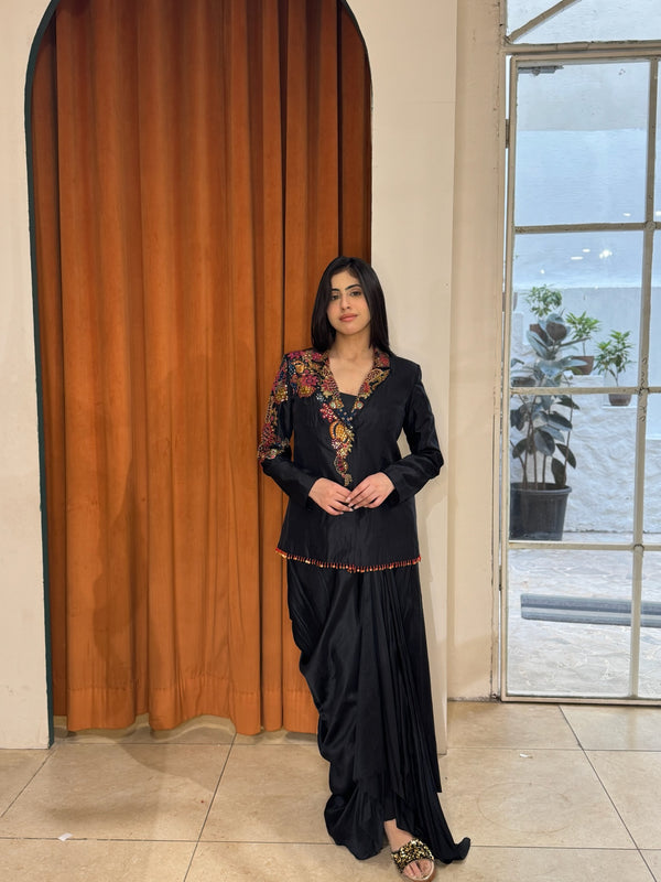 Black Embroidered Jacket with Draped Skirt