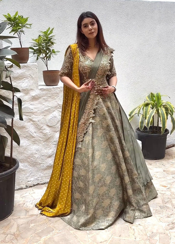 Hand Embroidered Olive Lehenga