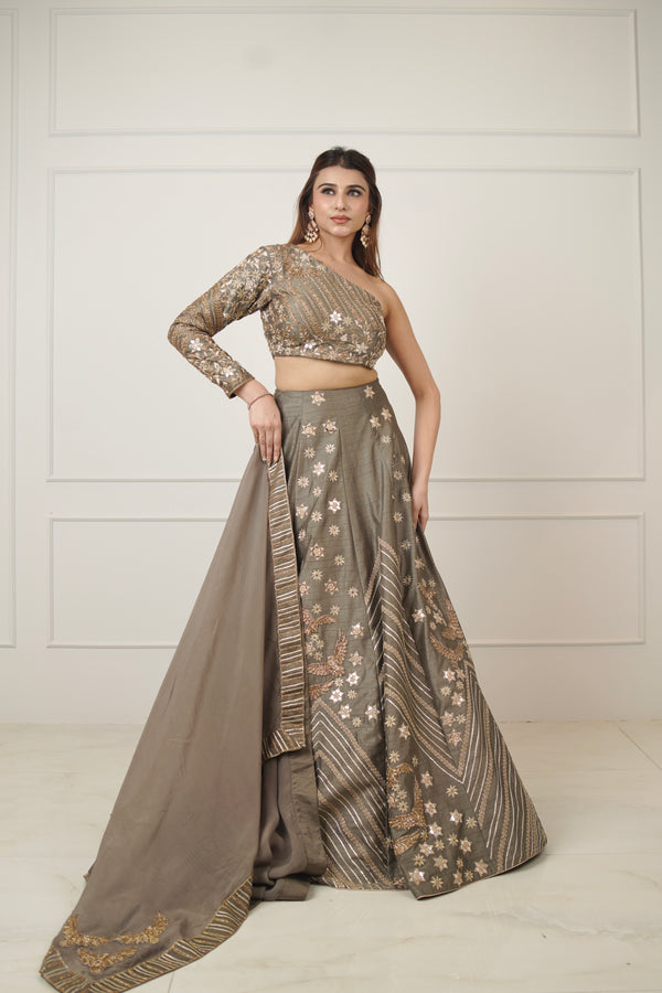 Whimsical Grey Wings: Off-Shoulder Lehenga Ensemble
